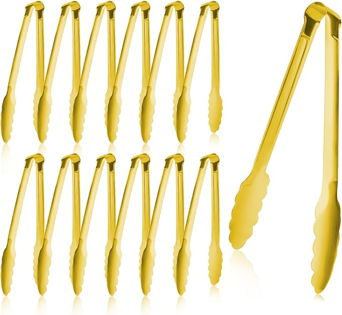 Gold Buffet Tongs 9'' Inches Serving Tongs Heavy Duty Stainless steel Kitchen and BBQ Utility Tong Pack of 12 (Gold, 9inch) by XEVOM