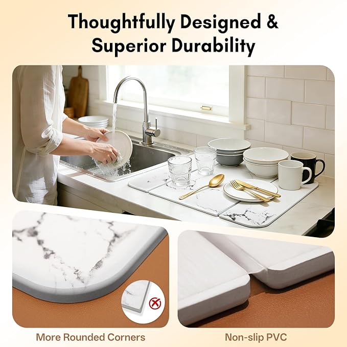 Stone Drying Mat for Kitchen Counter，Foldable Quick-Dry Dish Drying Mat，Water-Absorbent Marble Diatomaceous Earth Mats for Dishes, Cups & Bottles on Any Countertop(20"x16")