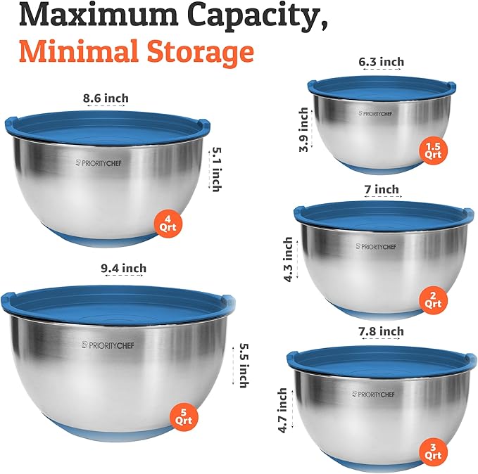 Priority Chef Premium Mixing Bowls With Airtight Lids Set, Thicker Stainless Steel Mixing Bowl Set, Large Prep Metal Bowls with Lids, Nesting Bowls for Kitchen, 1.5/2/3/4/5 Qrt, Blue - Image 3