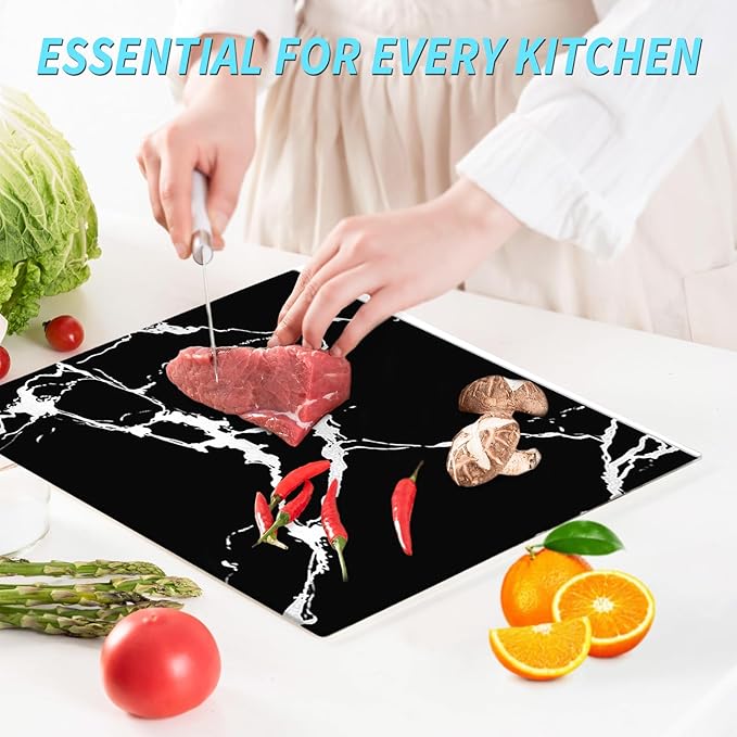 VASUHOME Glass Cutting Board, 16 * 12 inch Set of 1 Tempered Glass Cutting Board, Decorative Square Marble Chopping Board for Kitchen, Scratch, Heat, Shatter Resistant Cutting Mat, Black and White