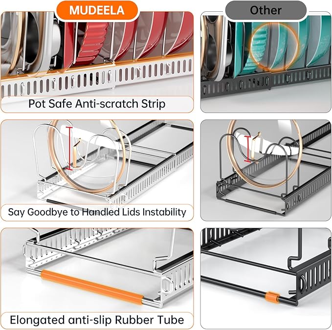 MUDEELA Pot Rack - Expandable Pots and Pans Organizer under Cabinet, Pot Lid Organizer Holder with 12 Adjustable Compartment, Kitchen Cabinet Organizer and Storage for Cutting Board, Skillets Pan - Image 5