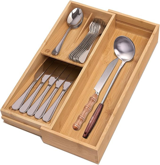 guiogc Bamboo Kitchen Drawer Organizer, Silverware Organizer Expandable Utensil Holder with Removable Knife Block, Cutlery Tray with Drawer Dividers for Kitchen Utensils and Flatware