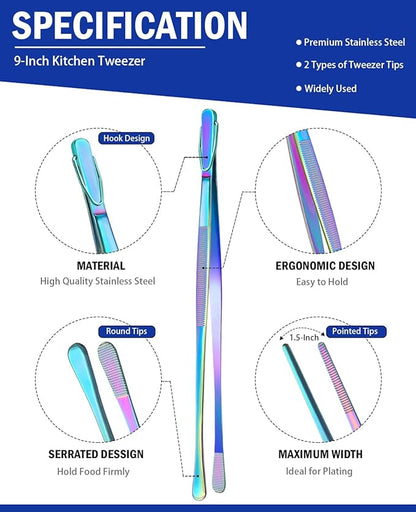 JETKONG 2 Pcs 9-Inch Culinary Tweezers Food Tweezers Kitchen Tweezer Tongs for Cooking (Rainbow) - Image 2