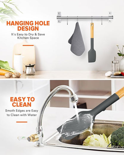 Silicone Heavy-Duty Spatula, Great For Tough Mixing And Stirring, Sturdy Bpa-Free Matte Silicone, Wooden Handle Rubber Scraper For Nonstick Cookwares (GREY)