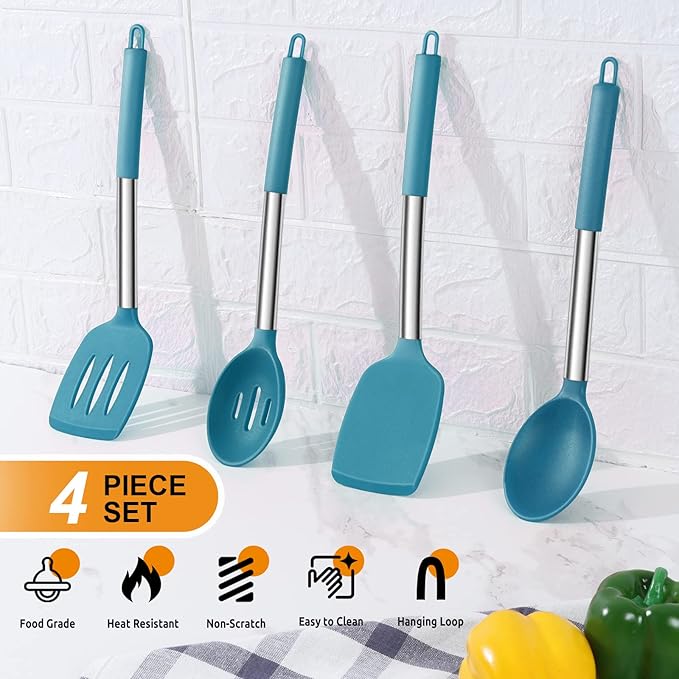 Cooking Utensils Set of 4, E-far Silicone Kitchen Utensils for Non-stick Cookware, Heat Resistant & Non-toxic Slotted Spatula Solid Spoon Turner for Flipping Mixing Serving Basting(Teal Blue) - Image 3