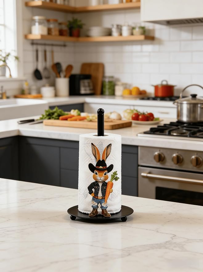 Cute Western Bunny Paper Towel Holder Countertop, Rustic Farmhouse Kitchen Decor, Funny Rabbit Paper Roll Holder, Freestanding Paper Towel Stand, Animal Decor for Kitchen and Bathroom(1 Pack)