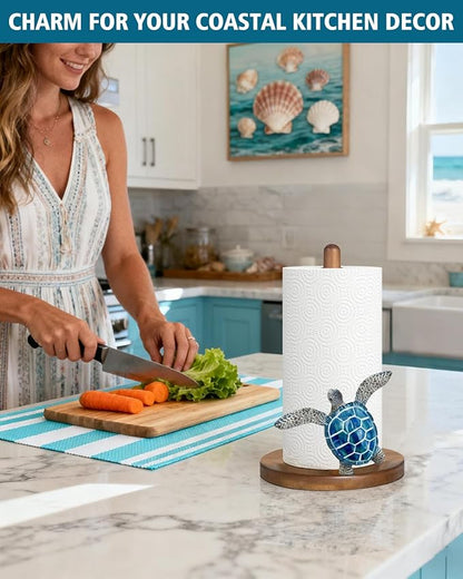 Blue Turtle Paper Towel Holder, Coastal Beach Ocean Home Decor for Kitchen Bathroom Countertop, 3D Sea Turtle Gifts for Women