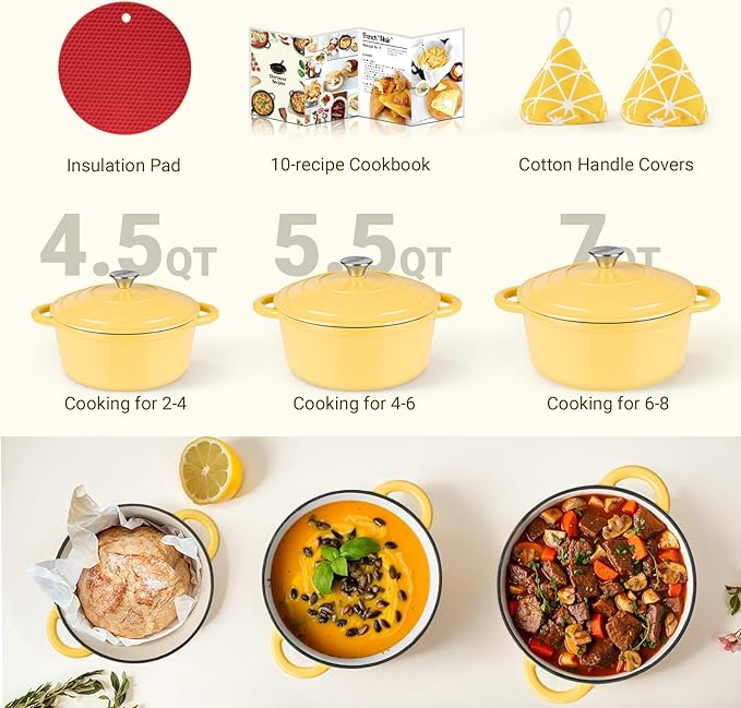 Overmont Enameled Cast Iron Dutch Oven - 5.5QT Pot with Lid Cookbook & Cotton Potholders - Heavy-Duty Cookware for Braising, Stews, Roasting, Sourdough Baking Goose Yellow - Image 7