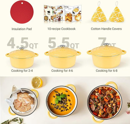 Overmont Enameled Cast Iron Dutch Oven - 5.5QT Pot with Lid Cookbook & Cotton Potholders - Heavy-Duty Cookware for Braising, Stews, Roasting, Sourdough Baking Goose Yellow - Image 7