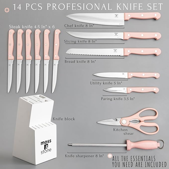 Moss & Stone Pink 14 Pcs Knife Block Set Stainless Steel, Premium Forged Kitchen Knives Set with High-Carbon Blades, Ergonomic Handle, Sharp Blade, Rust Resistant, Modern Style for Home & Chef - Image 2