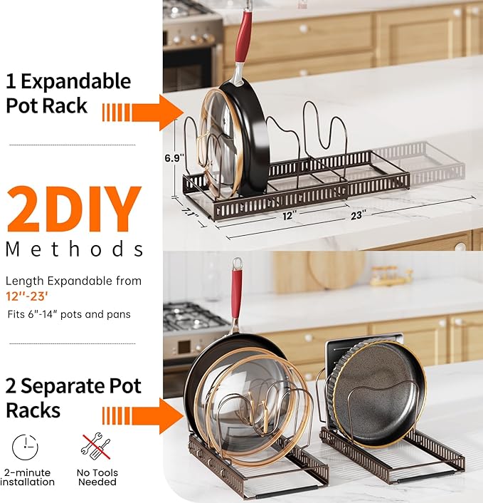 MUDEELA Pots and Pans Organizer under Cabinet, Expandable Pan Lids Organizers inside Cabinet with 12 Adjustable Dividers, Kitchen Storage Organization Pot Holder Cookie Sheet, Cutting Board Organizer - Image 2
