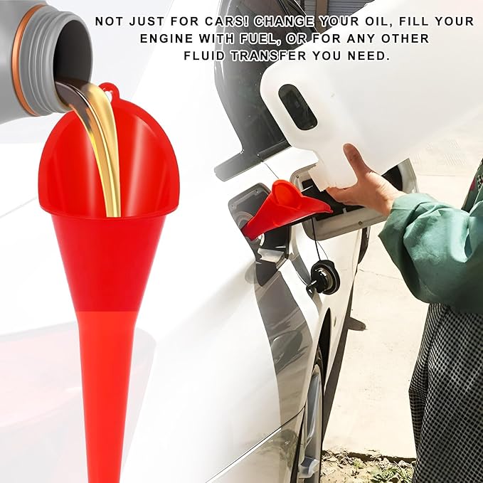 2 PCS Oil Funnel, Plastic Long Neck Multi-Purpose Spill Saver Funnel, Engine Oil Funnels for Filling Oils Gas Water Diesel Fuel Lubricants for Car Motorcycle ATV Boat (Red)