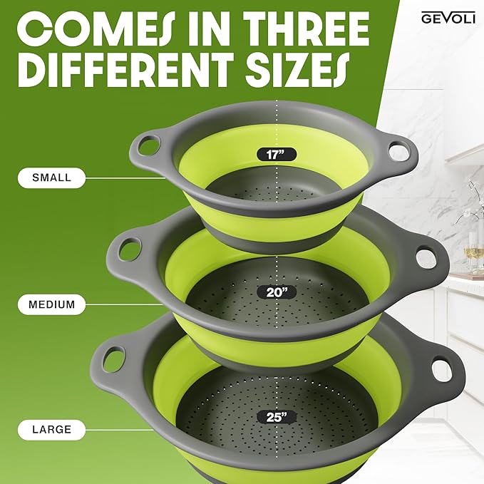 Gevoli 3-Pack Collapsible Colanders with Self-Draining Base, Over Sink-edge Silicone Food Strainers, Small/Med/Large Sizes, Nesting for Easy Compact Storage (3Qt, 4Qt, 5-Quart Set) Green/Gray - Image 2