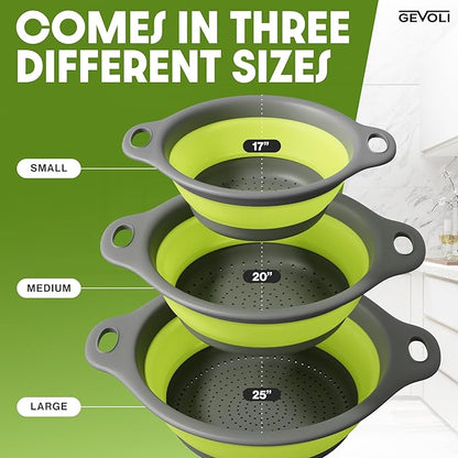 Gevoli 3-Pack Collapsible Colanders with Self-Draining Base, Over Sink-edge Silicone Food Strainers, Small/Med/Large Sizes, Nesting for Easy Compact Storage (3Qt, 4Qt, 5-Quart Set) Green/Gray - Image 2