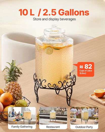 VEVOR Beverage Dispenser, 2.5 Gallon Drink Dispensers for Parties, Glass Juice Dispenser with Metal Stand, Stainless Steel Spigot, Iced Tea Lemonade Juice Water Dispensers for Parties