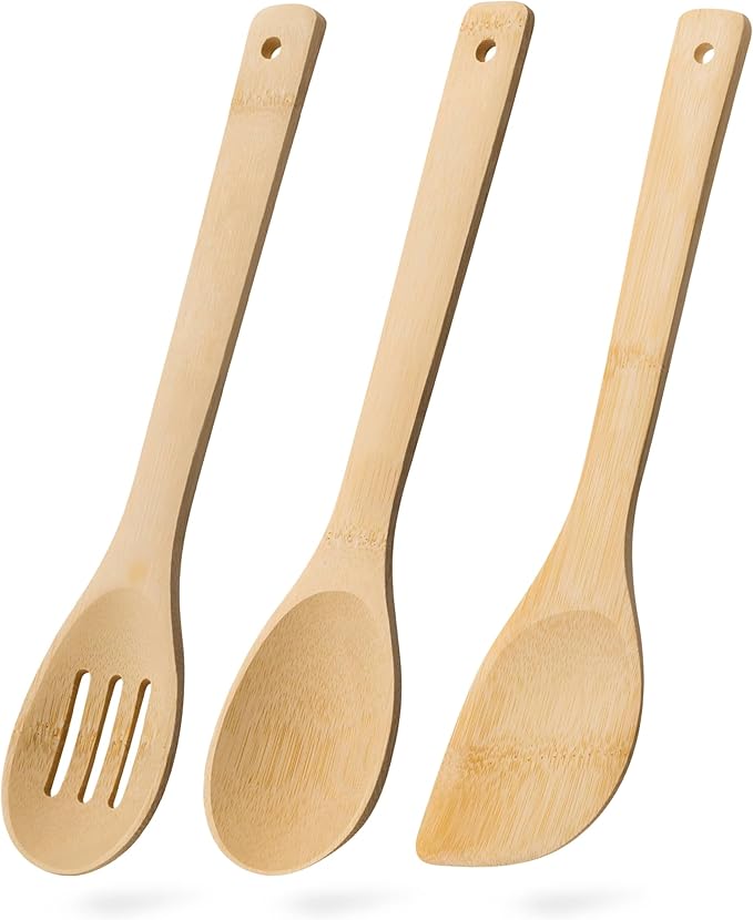 Wooden Spoons for Cooking, 3PCS Wooden Utensil Set Includes Slotted Spoon, Wooden Spoon & Wooden Spatula, Bamboo Cooking Utensils for Non-Stick Pans, Natural Bamboo Utensils by HEFILD