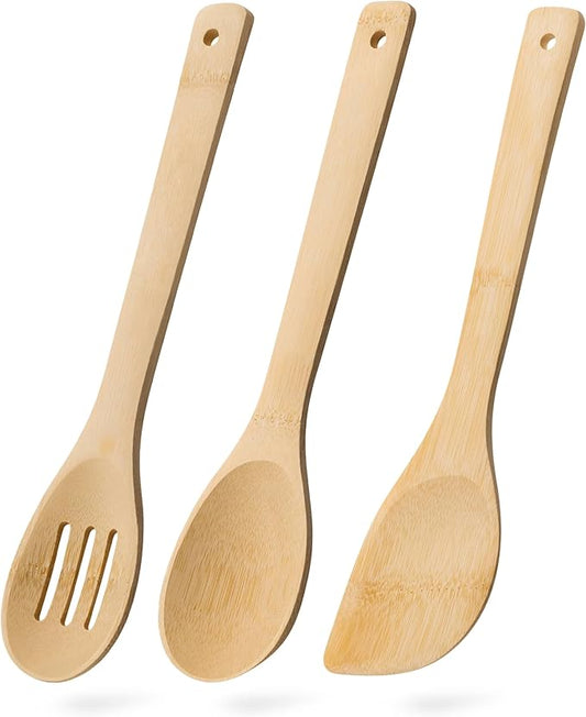 Wooden Spoons for Cooking, 3PCS Wooden Utensil Set Includes Slotted Spoon, Wooden Spoon & Wooden Spatula, Bamboo Cooking Utensils for Non-Stick Pans, Natural Bamboo Utensils by HEFILD
