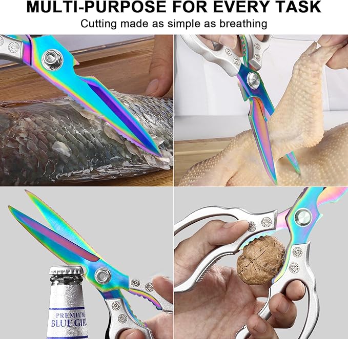 CGBE Kitchen Scissors, Multi-Purpose Kitchen Shears, Heavy Duty Dishwasher Safe Food Scissors for Chicken, Poultry, Fish, Meat & Herbs with Non-Slip Grips - Sliver Colorful - Image 5