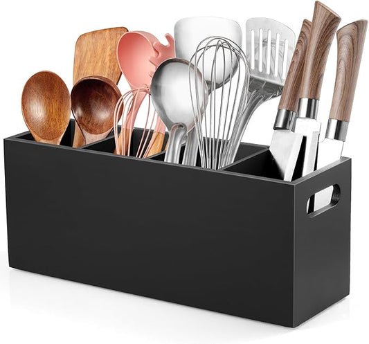 ALELION Large Utensil Holder with Removable Divider - 4 Compartment Wooden Utensil Caddy Organizer for Kitchen Counter - Black Cooking Utensil Crock for Countertop by ALELION