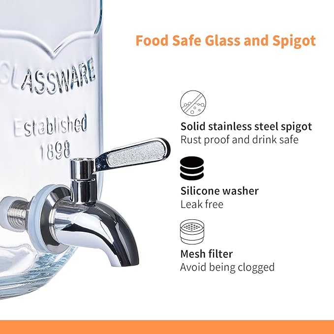 2 Pack1Gallon Glass Drink Dispenser with Stand&Bamboo Lids&Fruit Infuser,304 Stainless Steel Leak-Proof Spigot,Beverage Dispenser for Parties,Water Sangria Juice Sun Tea Lemonade(Natural)