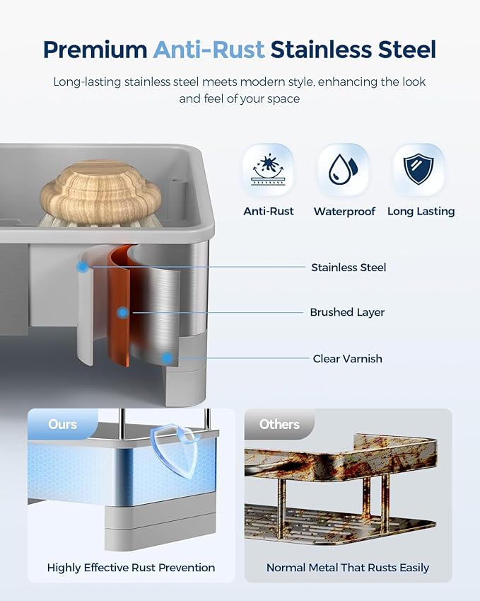 Nacial Sponge Holder for Kitchen Sink, Sink Caddy Organizer with High Brush Holder & Two Towel Racks - Rustproof 304 Stainless Steel Kitchen Countertop Storage Essentials - Gris - Image 5