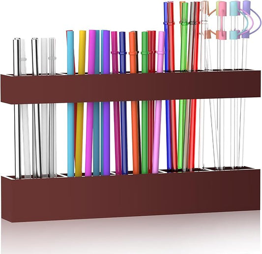 9.5” Large Acrylic Straw Holder for Cabinet Door, Reusable Adjustable Two-Part Straws Organizer with Ultra Sticky Adhesive Strips, 2026 Straw Storage for Kitchen Cupboard (Brown)