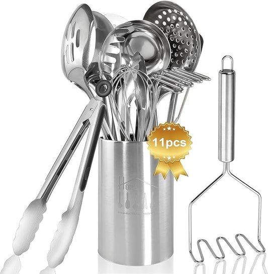 Cooking Utensils Set 11pcs - Stainless Steel Kitchen Utensils Set with Holder, Heat Resistant Kitchen Utensils Sets for Cooking with Turners, Potato Masher, Skimmer, Spoons, Ladle, Tongs, Whisk by Blithely