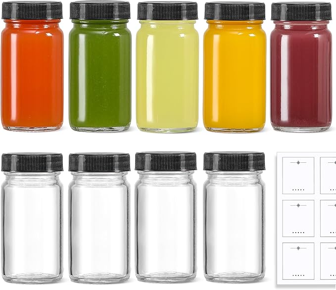 9 Pack, 2 oz Glass Shot Bottles w/ Black Lids & 9 Labels - Small Clear Jar for Ginger, Wellness Shot, Juice, Sample, Whiskey - Travel Essentials Mini Bottles - Wide Mouth, Leakproof, Dishwasher Safe - Image 7