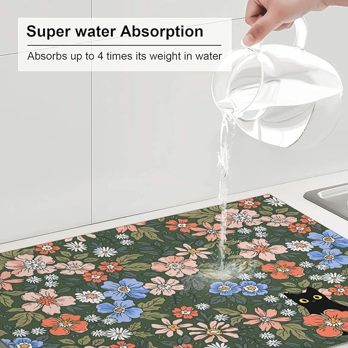 Black Cat Floral Dish Drying Mat For Kitchen Counter Absorbent Large Kitchen Fast Dry Pad Reusable Washable Protector Rack Large Mat 18 X 24