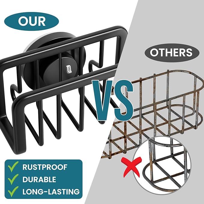 TAILI Sponge Holder for Kitchen Sink with Strong Suction Cup, Removable Sponge Holder, Rustproof Aluminum Sink Caddy for Sponges, Dish Brush - Black - Image 4