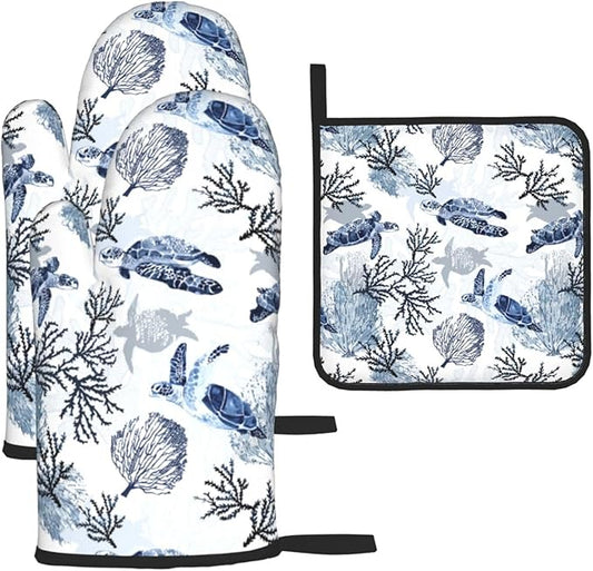 Navy Blue Ocean Sea Turtle Oven Mitts and Pot Holders Sets of 3, Heat Resistant Non-Slip Gift for Cooking Enthusiasts, Coastal Beach Nautical Coral Kitchen Gloves for Baking BBQ Cooking Grilling Decor by Unknown