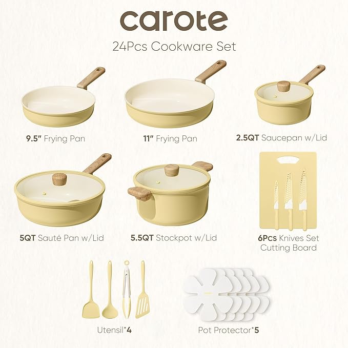 CAROTE 24pcs Ceramic Cookware Set, Pots and Pans Non Stick Kitchen Cookware Sets, Pots and Pans Set Cooking Set with Knife Set - Image 2