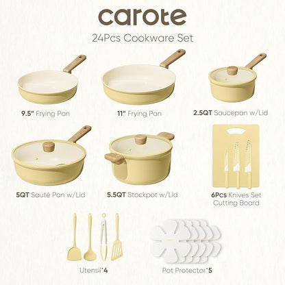 CAROTE 24pcs Ceramic Cookware Set, Pots and Pans Non Stick Kitchen Cookware Sets, Pots and Pans Set Cooking Set with Knife Set - Image 2