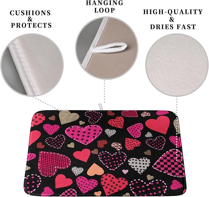 Valentine's Day Kitchen Drying Mats for Dishes 16x18 Inch Love Heart Dish Drying Mat Black Pink Polka Dots Dish Drainer Mat Super Absorbent Dish Rack Pad for Coffee Bar Sinks - Image 3