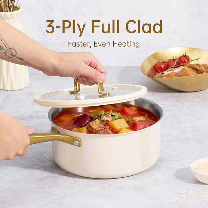 CAROTE 1.5Qt & 3.0Qt Stainless Steel Saucepan Set with Steamer & Ladle, Non-Toxic 3-Ply Stainless Steel Pot with Lids, Small Pots for Cooking, Oven Safe, Induction Compatible Cookware - Image 5