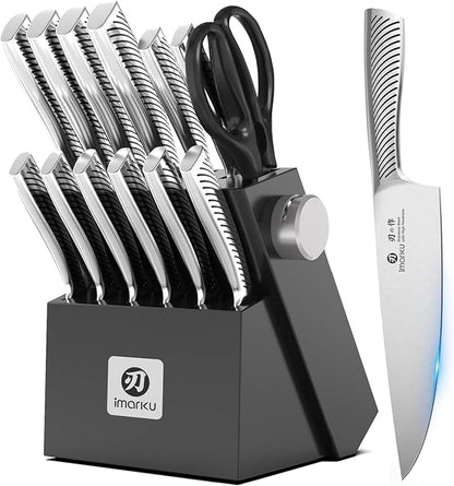 imarku Knife Block Set, 14Pcs High Carbon Stainless Steel Knife Set with Block, Kitchen Knife Set Black, Dishwasher Safe, Build-in Sharpener, Gifts for Mom by imarku