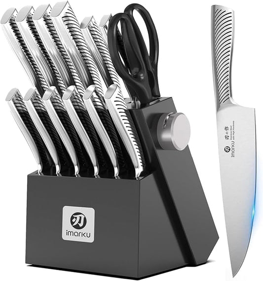 imarku Knife Block Set, 14Pcs High Carbon Stainless Steel Knife Set with Block, Kitchen Knife Set Black, Dishwasher Safe, Build-in Sharpener, Gifts for Mom by imarku