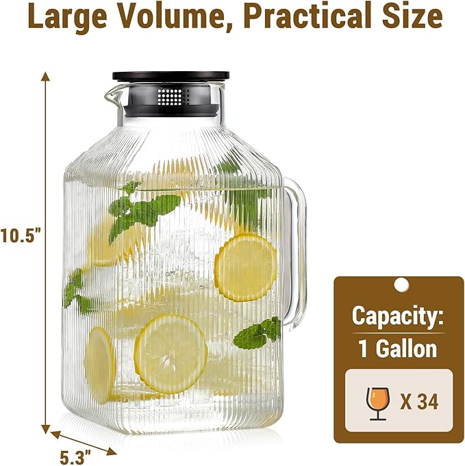 1 Gallon Square Glass Pitcher with Lid, Classic Stripes Water Pitchers for Fridge, Borosilicate Glass Carafe for Hot/Cold Brew Drink, Extra Large Jug with Handle for Iced Tea, Coffee, Juice, Black - Image 2