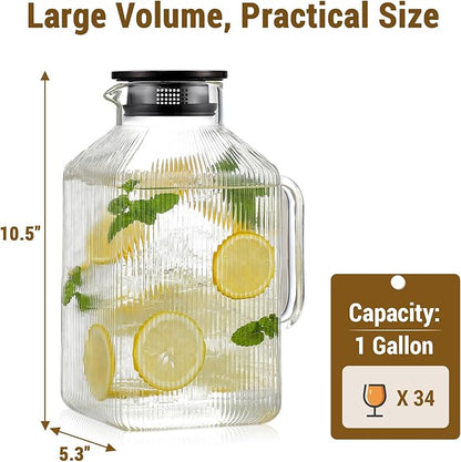 1 Gallon Square Glass Pitcher with Lid, Classic Stripes Water Pitchers for Fridge, Borosilicate Glass Carafe for Hot/Cold Brew Drink, Extra Large Jug with Handle for Iced Tea, Coffee, Juice, Black - Image 2