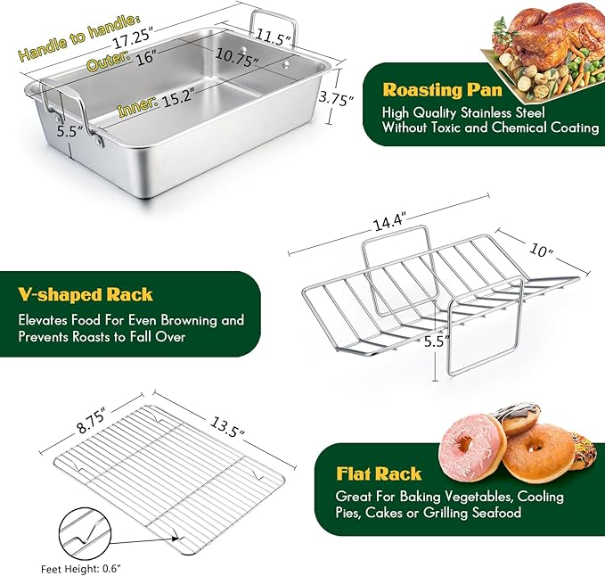 E-far Roasting Pan, 16 x 11.5 Inch Stainless Steel Turkey Roaster with V-shaped & Flat Rack, Non-toxic & Heavy Duty Deep Broiling Pan, Dishwasher Safe - Large