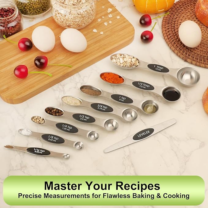 Magnetic Measuring Spoons Set Stainless Steel with Leveler, Dual-Sided Metal Measuring Spoons for Baking & Cooking, Fits in Spice Jars, Must-have Kitchen Gadgets, 8 Measuring Spoons & 1 Leveler, Black - Image 6