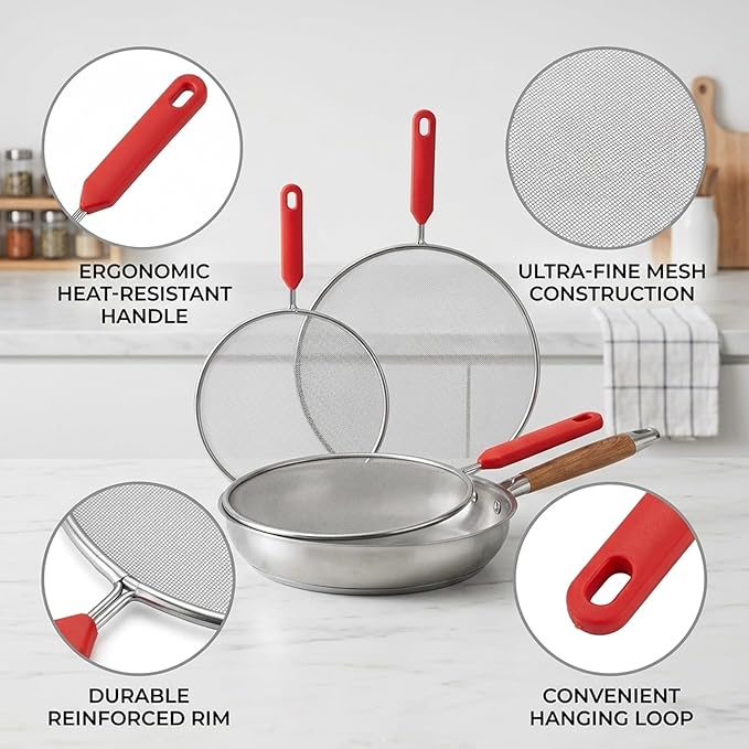 Splash Guard for Frying Pan, Frying Pan Screen Splatter Guard Set of 2, Stainless Steel Oil Splatter Screen for Frying Pans, Kitchen Cooking Protection, Splatter Guard with Heat Resistant Handles - Image 4