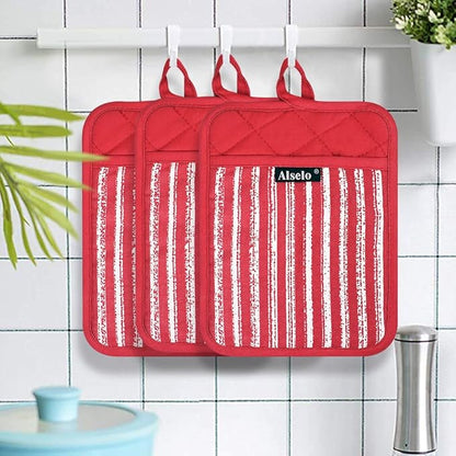 Alselo Silicone Pot Holders Set of 3 Heat Resistant & Non Slip Potholders, Professional Oven Hot Pads with Pockets Mitts for Kitchen Cooking Baking Barbecue (3, Red) - Image 7