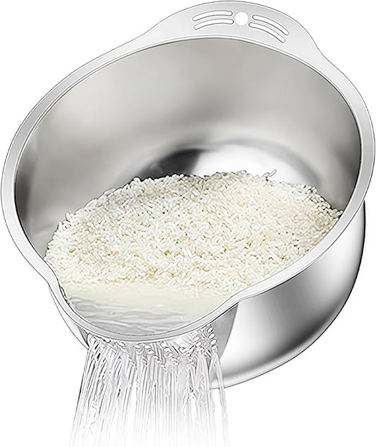 Rice Washer Strainer Bowl, Stainless Steel Washing Bowl for Rinsing Quinoa, Side Drainers Colander for Cleaning Fruits, Vegetables, and Beans - Versatile Kitchen Gadgets