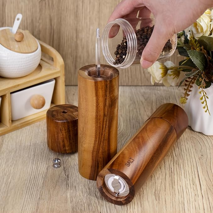 XWXO 2 Pack Acacia Wooden Salt and Pepper Grinder Set 8 Inches Refillable Salt and Pepper Mills Adjustable Coarseness, Acacia Wood with Ceramic Core Peppercorn Shaker Tableware Birthday Gifts - Image 7