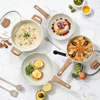 25 Pcs Pots and Pans Set, Nonstick & Non-Toxic Healthy Pots and Pans, Heat-Resistant Handles, Induction Cookware Sets with Frying Pans, White