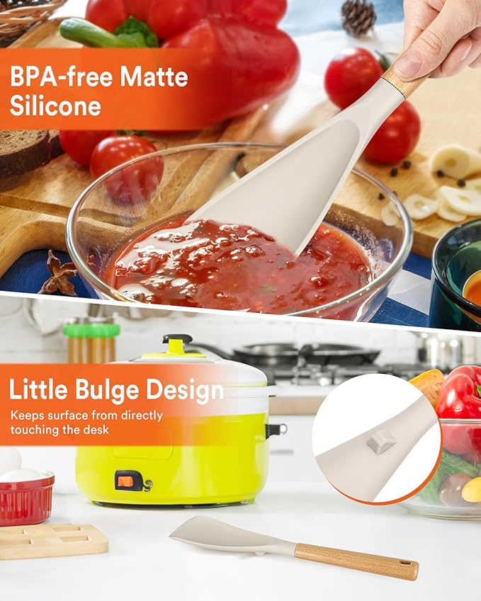 Cooking Spoon for Nonstick Cookwares, Great for Cooking and Serving Sturdy BPA-Free Matte Silicone, Wood Handle Spoon for Mixing, Scoop, and Scrape (2 Pack of Khaki, 13.4 inch) - Image 5