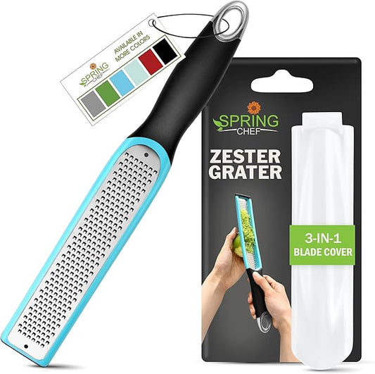 Spring Chef Premium Lemon Zester Grater with Handle - Fruits, Garlic, Chocolate, Ginger Grater - Heavy Duty Kitchen Tool - Stainless Steel Citrus Zester with Blade Cover - Fine Shred - Blue/Black by SpringChef