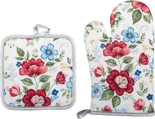 Floral Oven Mitts and Pot Holders Sets 2 Pcs, Canvas Heat Resistant Kitchen Mittens with Hot Pads, Vintage Farmhouse Country Decor, Non-Slip Cooking Baking Grilling Gifts for Women Mom (Flower3)