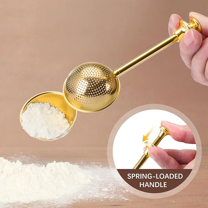 HULISEN Flour Duster for Baking, One-Handed Operation, 304 Stainless Steel Powdered Sugar Shaker Duster, Pick Up and Dust Flour Sifter, Gift Package, Gold - Image 3